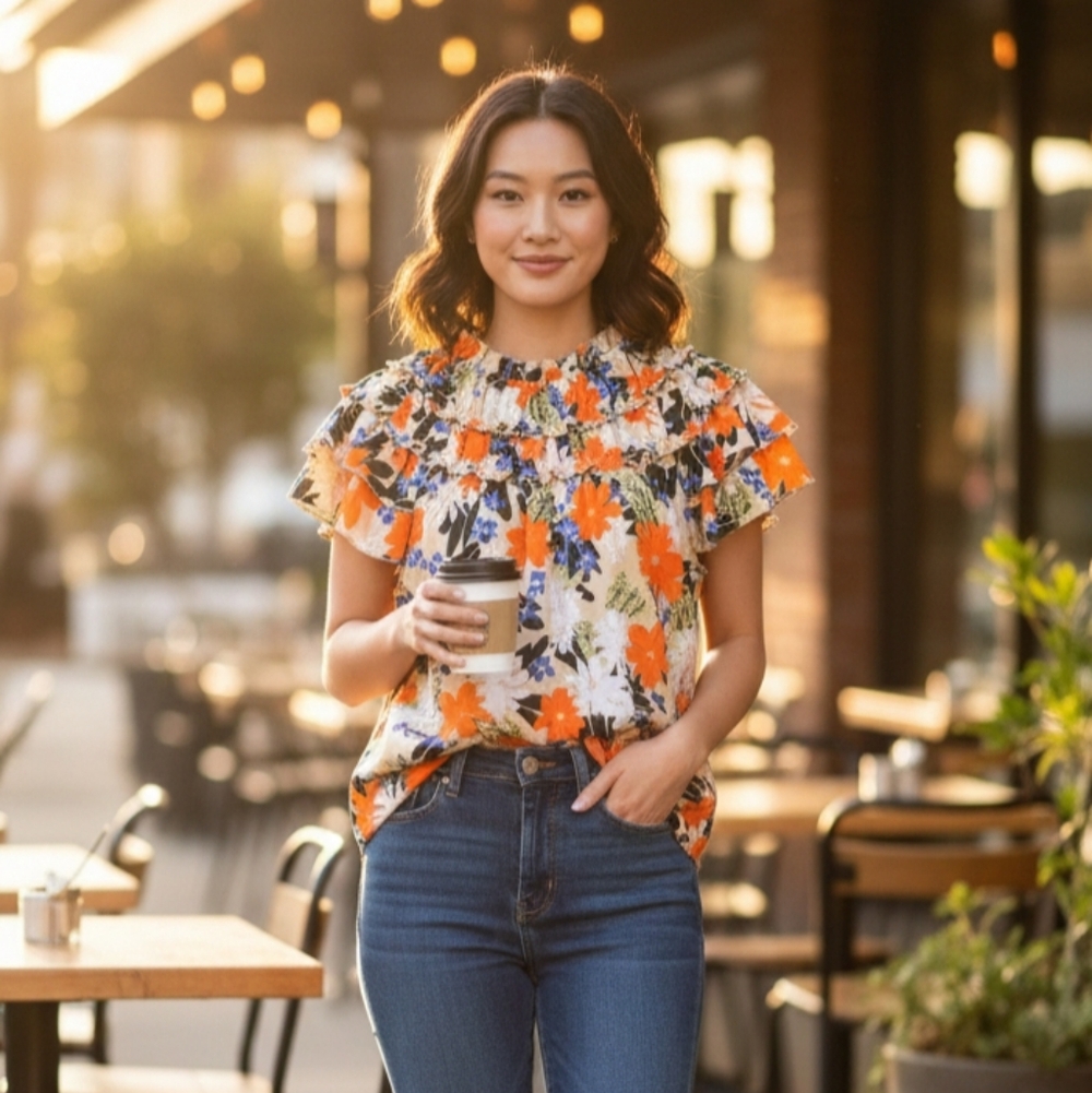 BIBI Floral‎ Ruffle Flutter Sleeve Blouse Women Small Tan Orange Excellent Boho